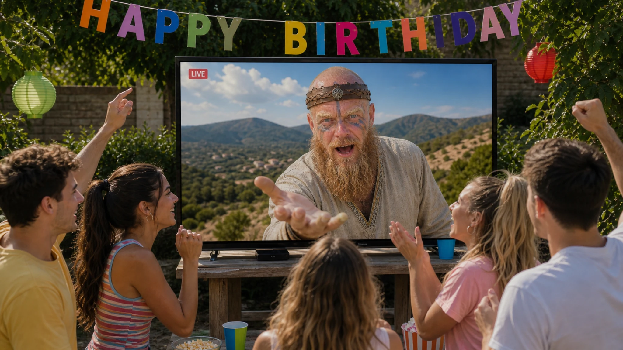 Friends watching a personalized Viking birthday video